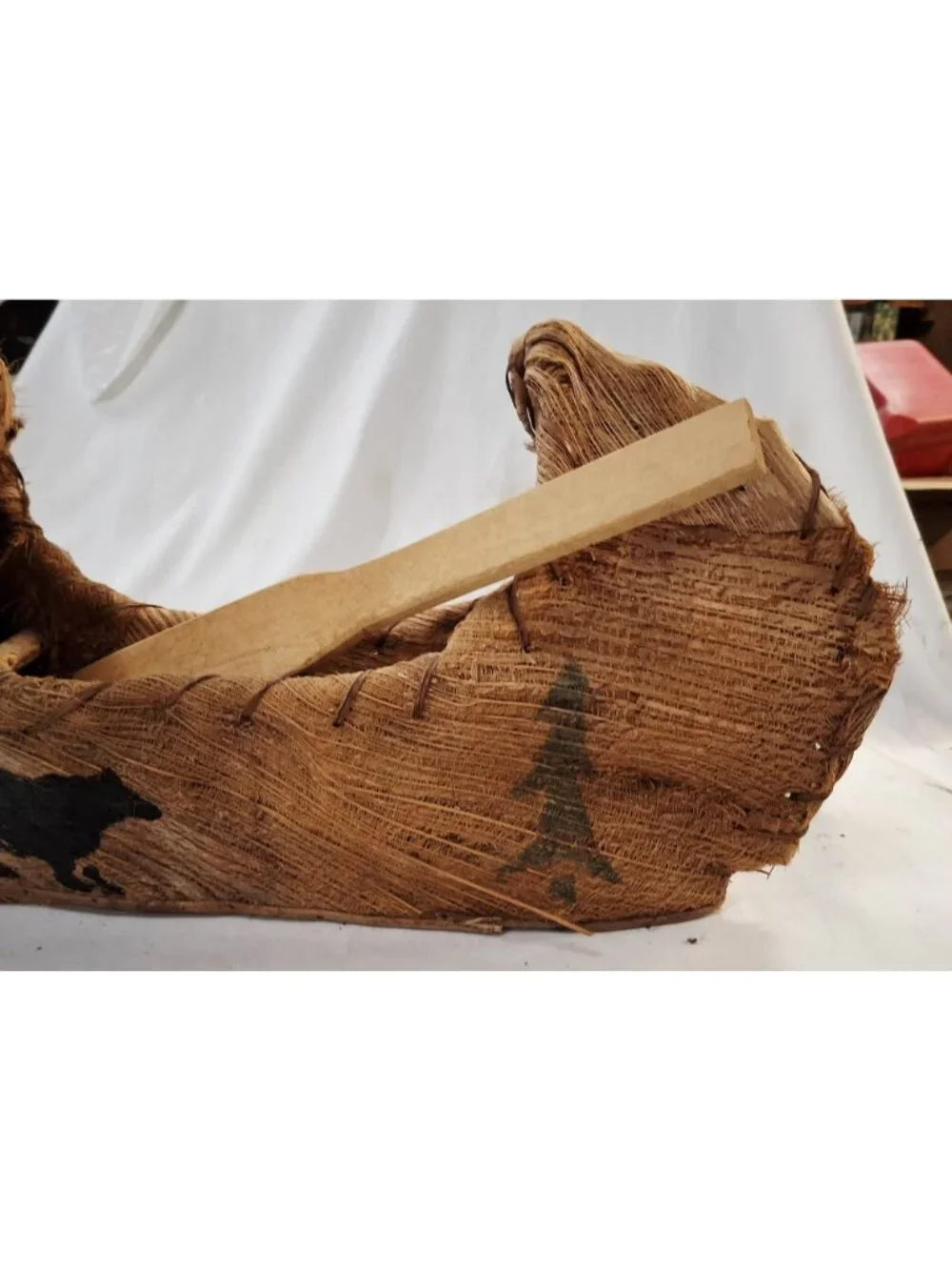 Rustic Handcrafted Canoe Planter Made From Coconut Husk & Wood With Bear Design